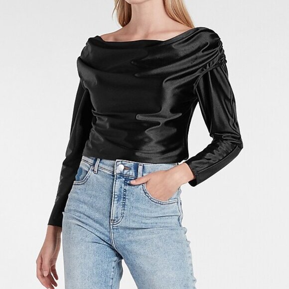 Dark Green Satin Off the Shoulder Draped Top by Express - Picture 2 of 4